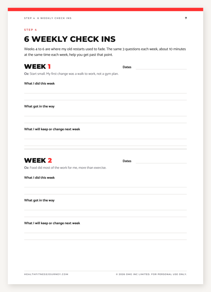 Workbook page: weeks 1 and 2 of the weekly check ins