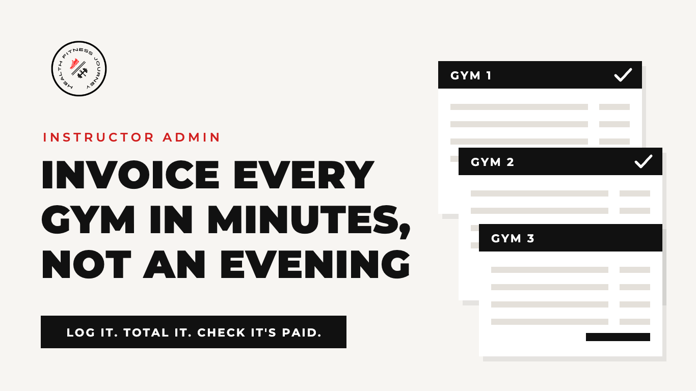 Health Fitness Journey banner: invoice every gym in minutes, not an evening, with three gym invoice cards
