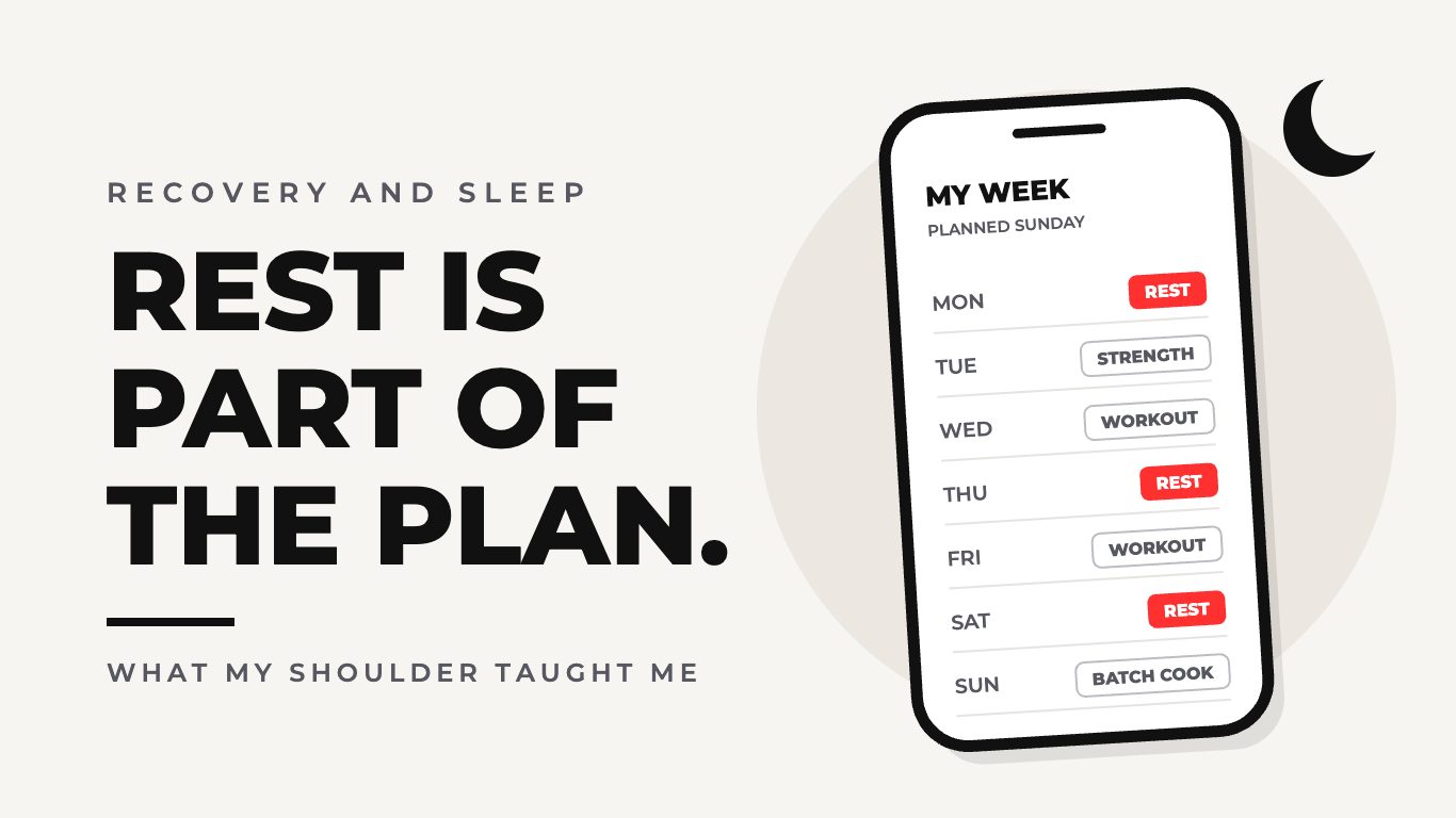 Rest is part of the plan, with a phone week planner showing Monday, Thursday and Saturday as rest days