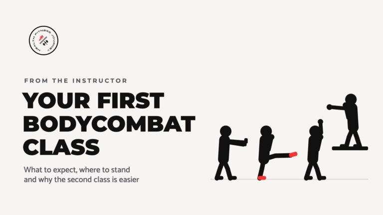 Health Fitness Journey header: Your first BODYCOMBAT class, with simple figures doing a push, a kick in red trainers and a block, led by an instructor on a stage