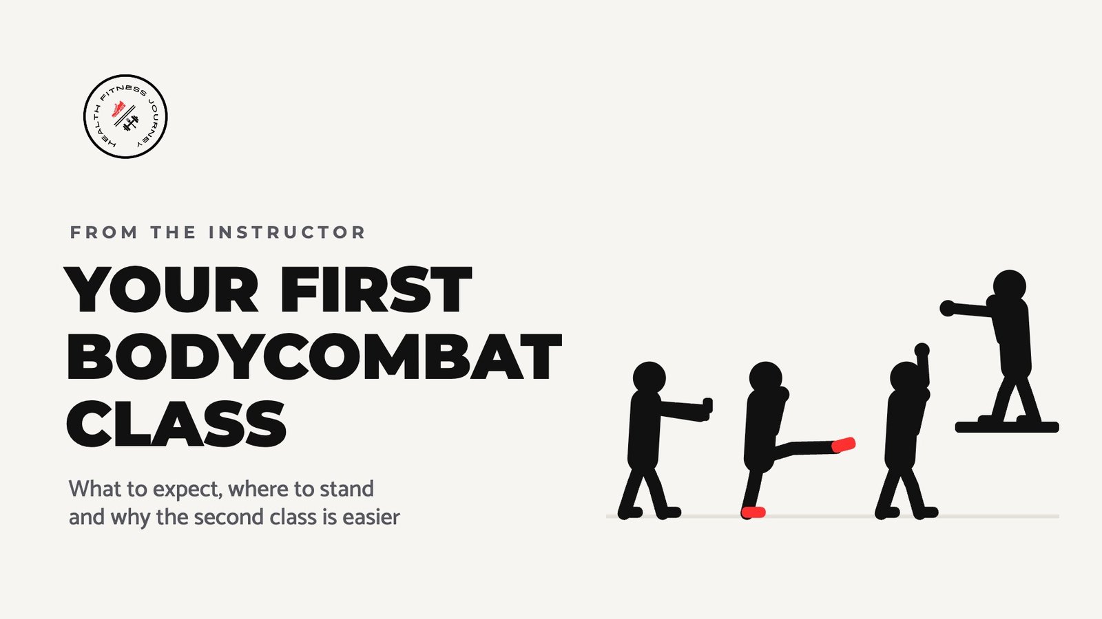 Health Fitness Journey header: Your first BODYCOMBAT class, with simple figures doing a push, a kick in red trainers and a block, led by an instructor on a stage
